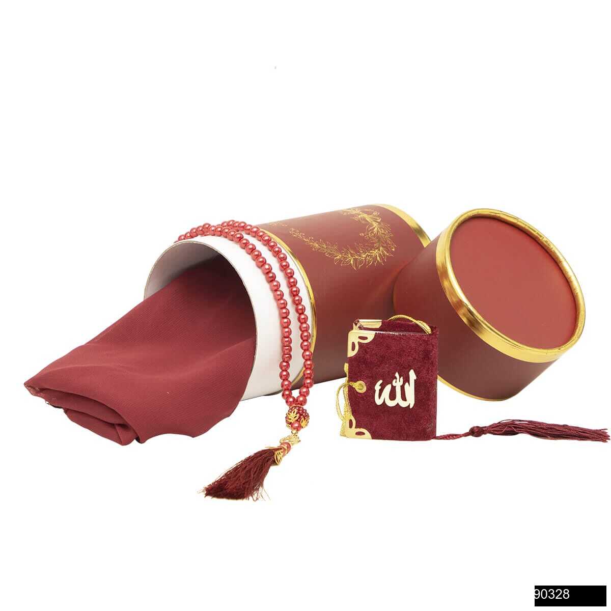 Toptan Taç Silindir Kutu + Mikro Kadife Püsküllü Kuran + Namaz Başörtüsü + Cam İnci Tesbih Seti